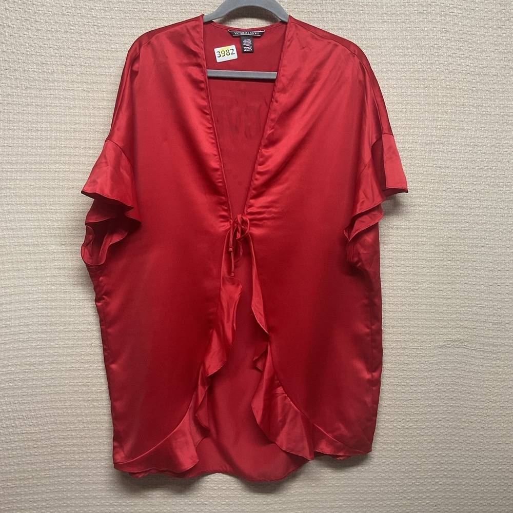 Victoria's Secret Red Tie Front Robe Red Women's One Size Heart Logo Flutter Slv